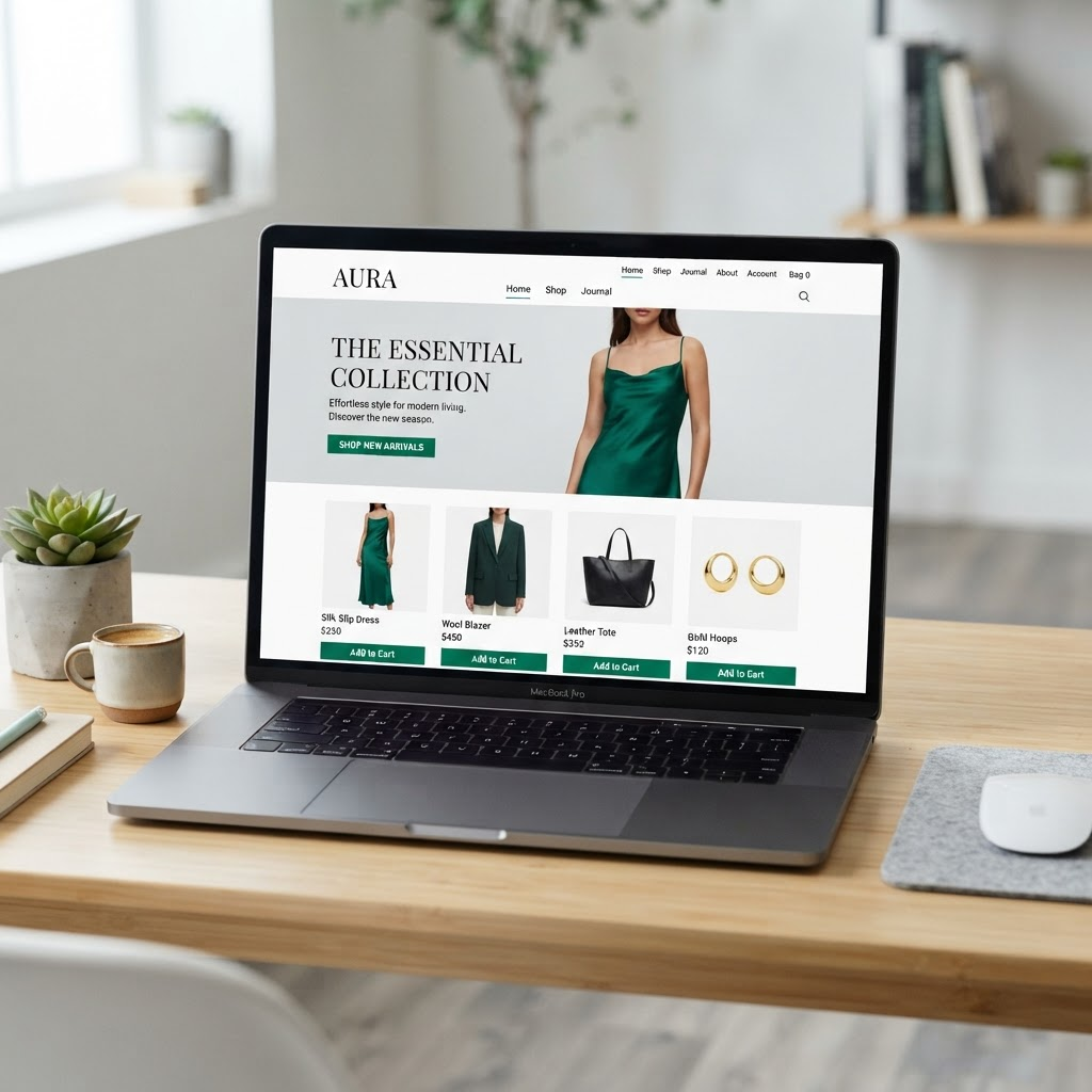 E-commerce homepage design on a laptop
